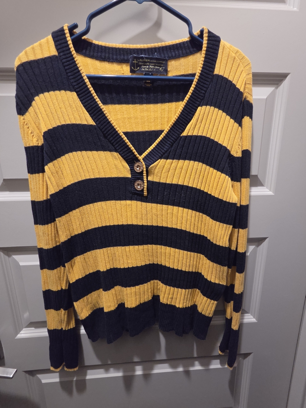 Lauren Jeans Co. Ralph Lauren Striped Henley V-Neck Sweater - Picture 5 of 8
